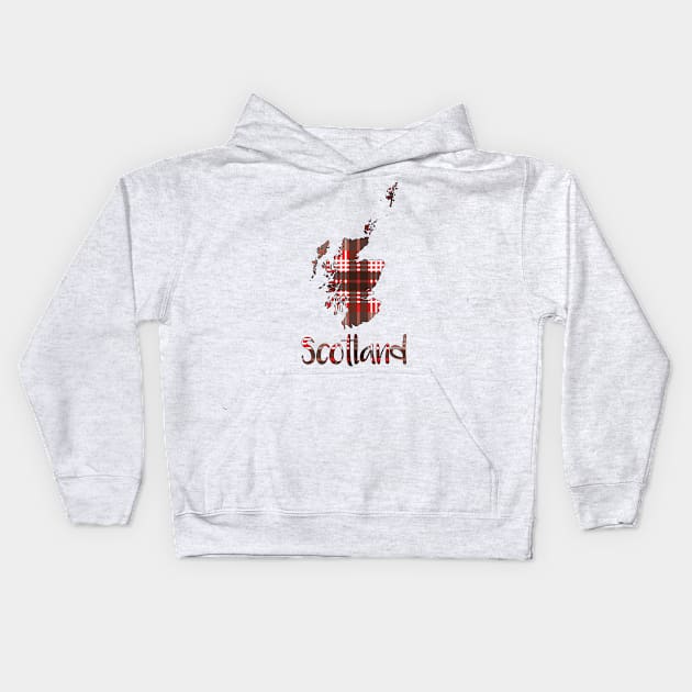 Scotland Red, Black and White Tartan Map Typography Design Kids Hoodie by MacPean